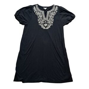 J. Jill Shirt Dress Women's Medium Petite Black Embroidered Short Sleeve Pockets